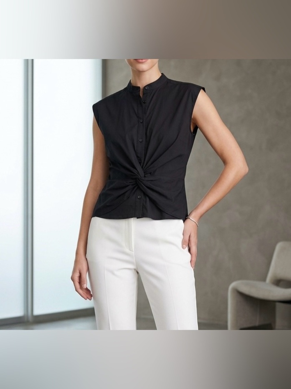 Jason Wu Designer Black Sleeveless Twist Front Poplin Button Down Shirt Size S